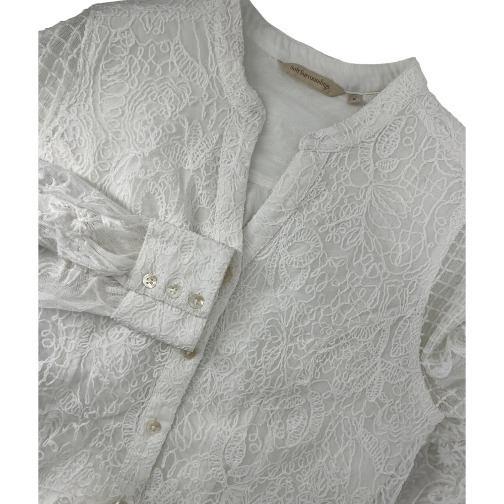 Soft Surroundings White Floral Lace Button Front Blouse Sheer Sleeve Medium